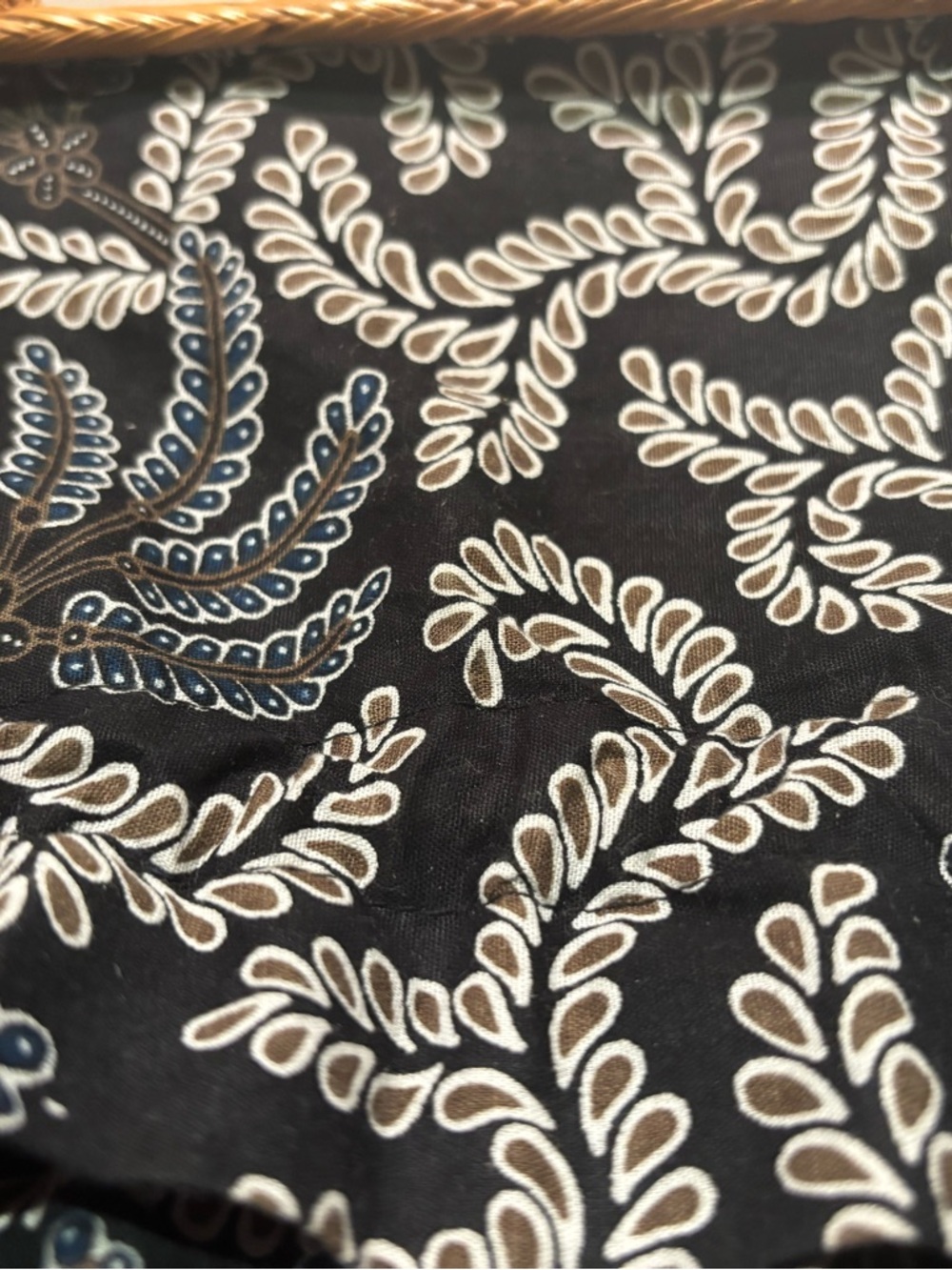 Woven Rattan Tote Bag with Black and Blue Batik Print Drawstring Liner - Picture 5 of 10